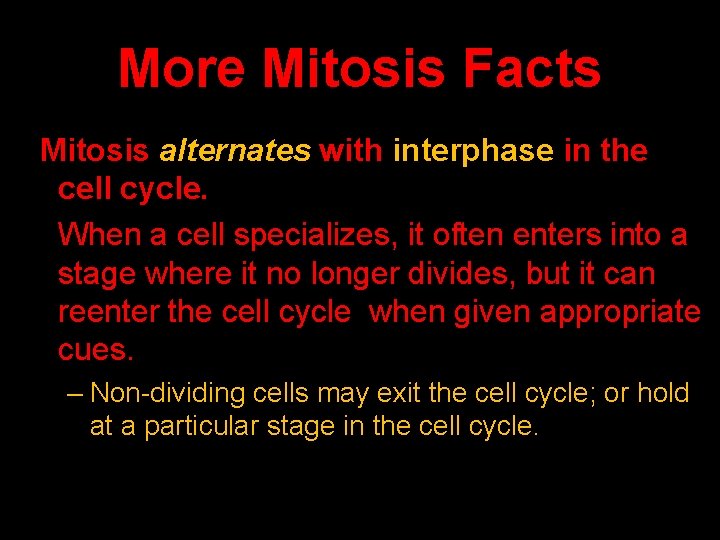 More Mitosis Facts Mitosis alternates with interphase in the cell cycle. When a cell