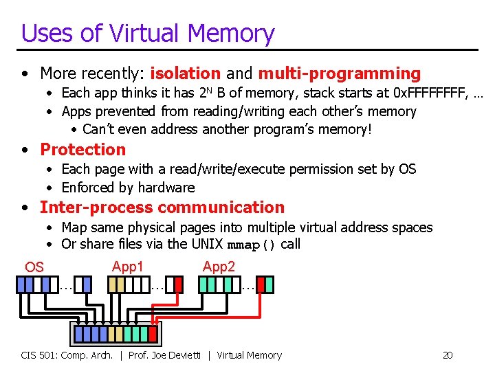 Uses of Virtual Memory • More recently: isolation and multi-programming • Each app thinks