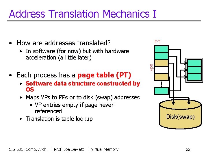 Address Translation Mechanics I • How are addresses translated? PT • Each process has
