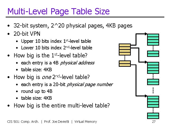 Multi-Level Page Table Size • 32 -bit system, 2^20 physical pages, 4 KB pages