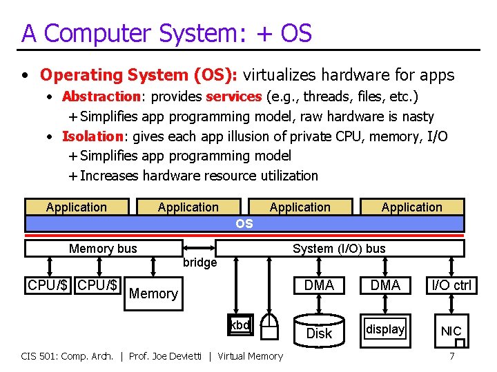 A Computer System: + OS • Operating System (OS): virtualizes hardware for apps •