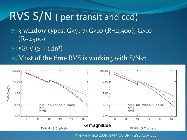 RVS S/N ( per transit and ccd) 3 window types: G<7, 7<G<10 (R=11, 500),