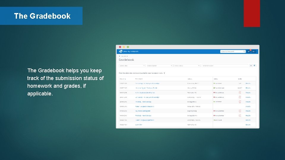 The Gradebook helps you keep track of the submission status of homework and grades,