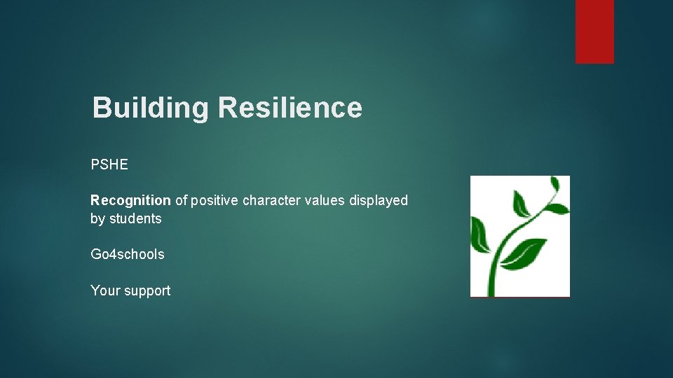 Building Resilience PSHE Recognition of positive character values displayed by students Go 4 schools