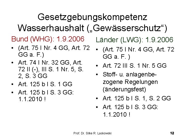 Gesetzgebungskompetenz Wasserhaushalt („Gewässerschutz“) Bund (WHG): 1. 9. 2006 Länder (LWG): 1. 9. 2006 •