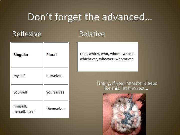 Don’t forget the advanced… Reflexive Relative Finally, if your hamster sleeps like this, let