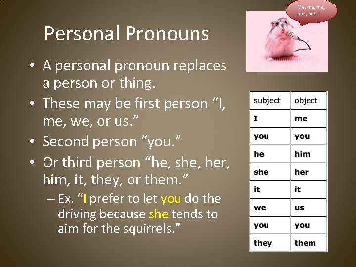 Me, me, me… Personal Pronouns • A personal pronoun replaces a person or thing.