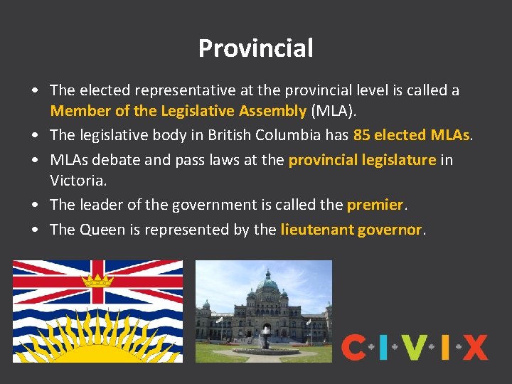 Provincial • The elected representative at the provincial level is called a Member of