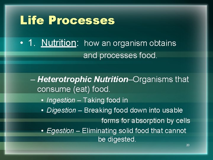Life Processes • 1. Nutrition: how an organism obtains and processes food. – Heterotrophic