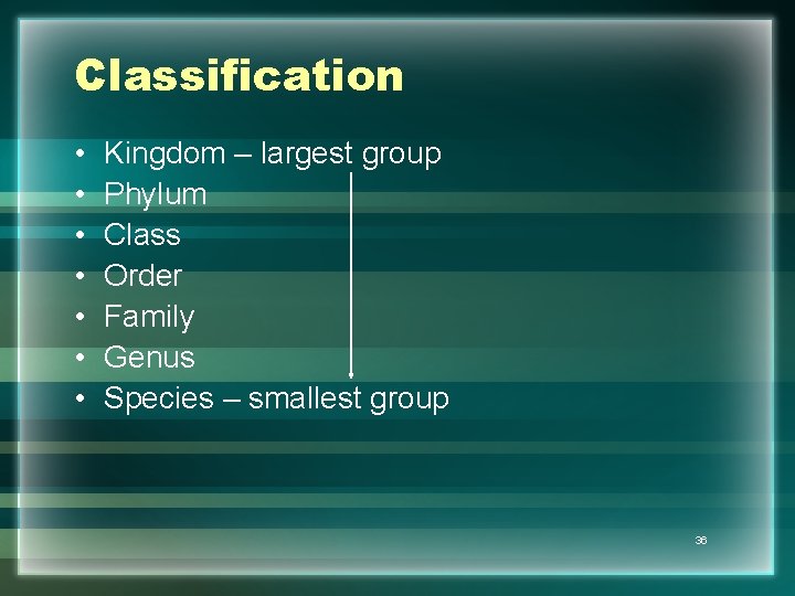 Classification • • Kingdom – largest group Phylum Class Order Family Genus Species –