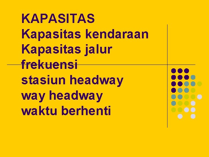 KAPASITAS Kapasitas kendaraan Kapasitas jalur frekuensi stasiun headway waktu berhenti 