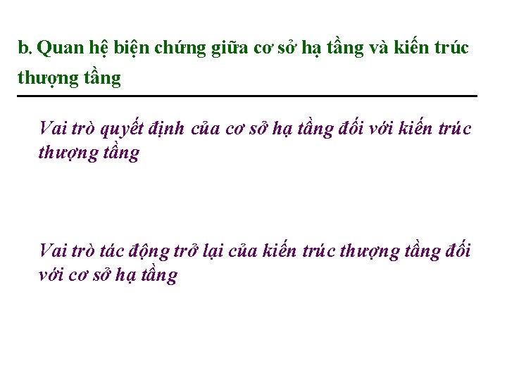 b. Quan hệ biện chứng giữa cơ sở hạ tầng và kiến trúc thượng