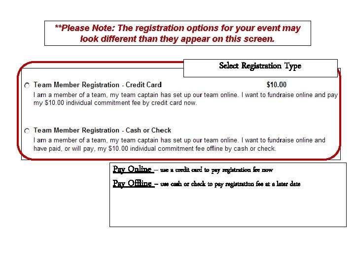 **Please Note: The registration options for your event may look different than they appear