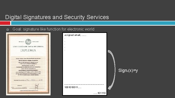 Digital Signatures and Security Services Goal: signature like function for electronic world a signed