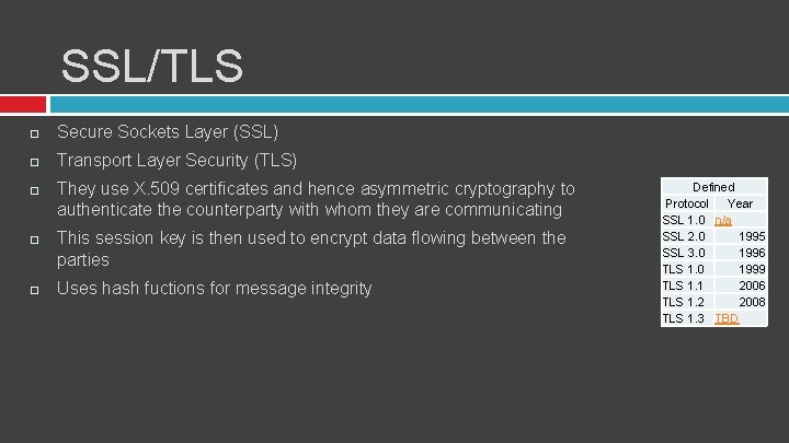 SSL/TLS Secure Sockets Layer (SSL) Transport Layer Security (TLS) They use X. 509 certificates