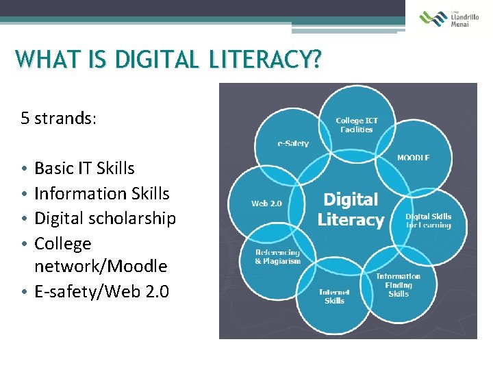 WHAT IS DIGITAL LITERACY? 5 strands: Basic IT Skills Information Skills Digital scholarship College