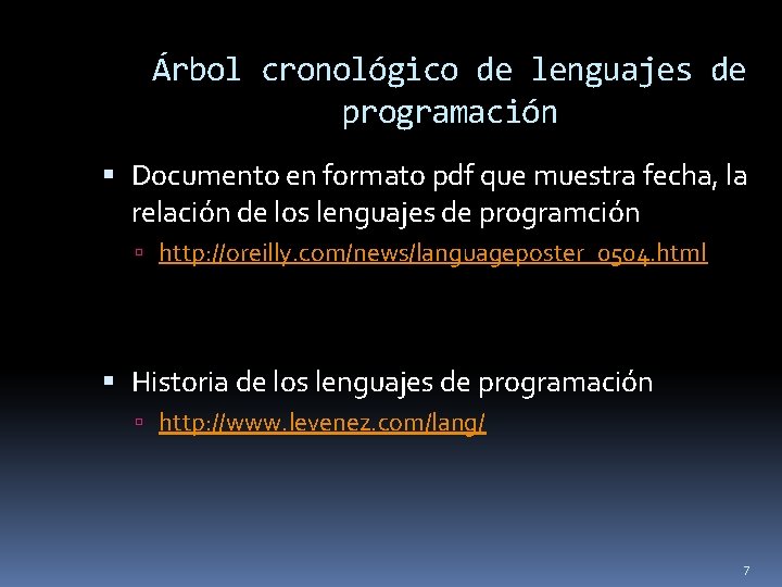 Árbol cronológico de lenguajes de programación Documento en formato pdf que muestra fecha, la