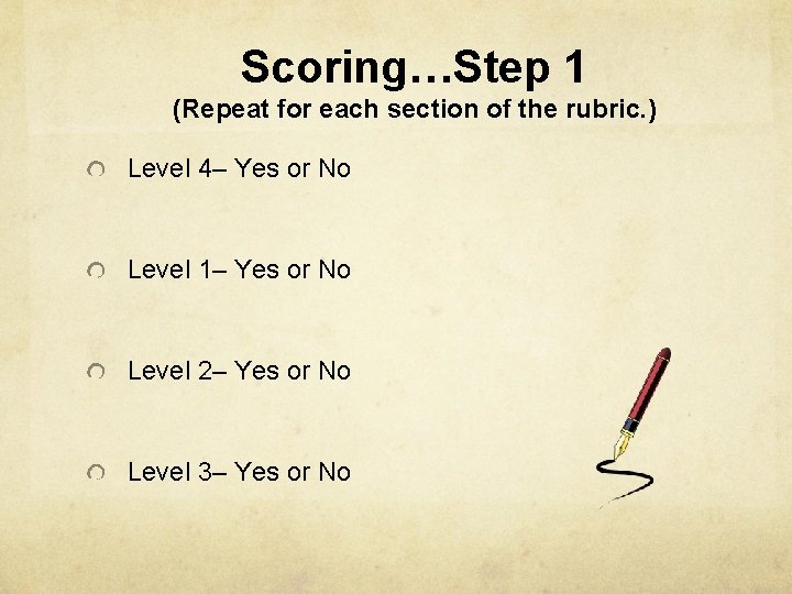 Scoring…Step 1 (Repeat for each section of the rubric. ) Level 4– Yes or