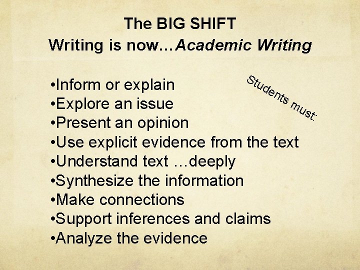 The BIG SHIFT Writing is now…Academic Writing Stu • Inform or explain de nts