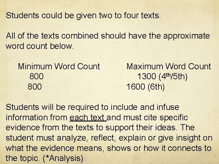 Students could be given two to four texts. All of the texts combined should