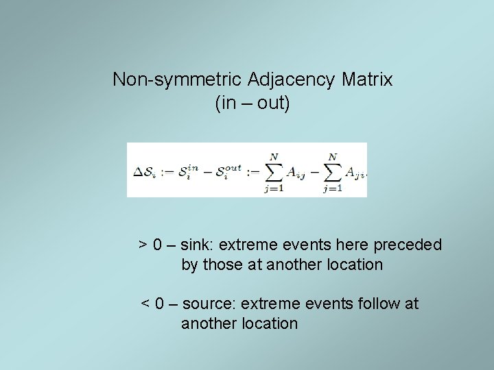 Non-symmetric Adjacency Matrix (in – out) > 0 – sink: extreme events here preceded