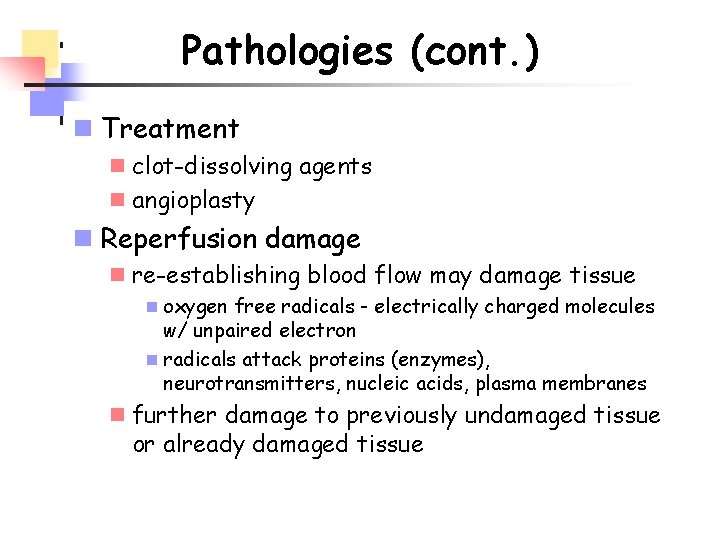 Pathologies (cont. ) n Treatment n clot-dissolving agents n angioplasty n Reperfusion damage n