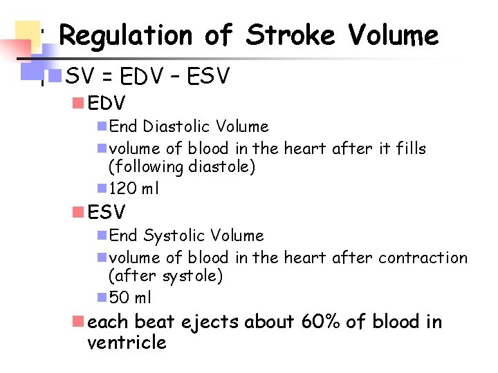 Regulation of Stroke Volume n SV = EDV – ESV n EDV n End