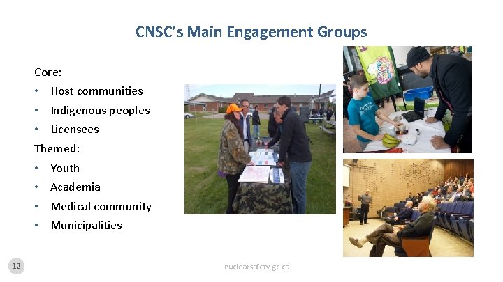 CNSC’s Main Engagement Groups Core: • Host communities • Indigenous peoples • Licensees Themed: