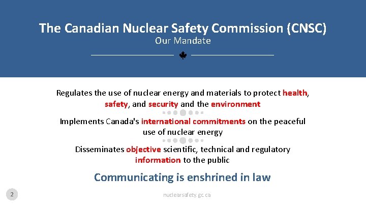 The Canadian Nuclear Safety Commission (CNSC) Our Mandate Regulates the use of nuclear energy