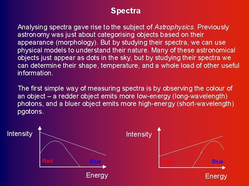 Spectra Analysing spectra gave rise to the subject of Astrophysics. Previously astronomy was just