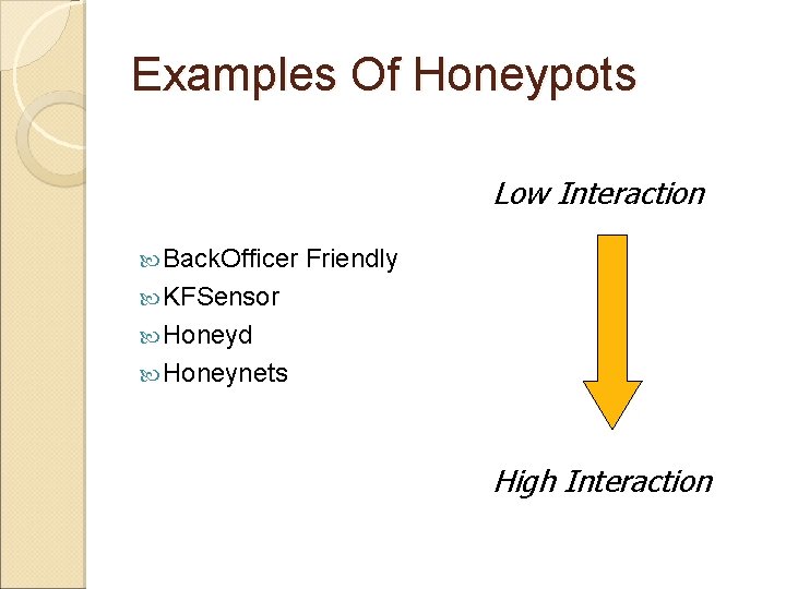 Examples Of Honeypots Low Interaction Back. Officer Friendly KFSensor Honeyd Honeynets High Interaction 