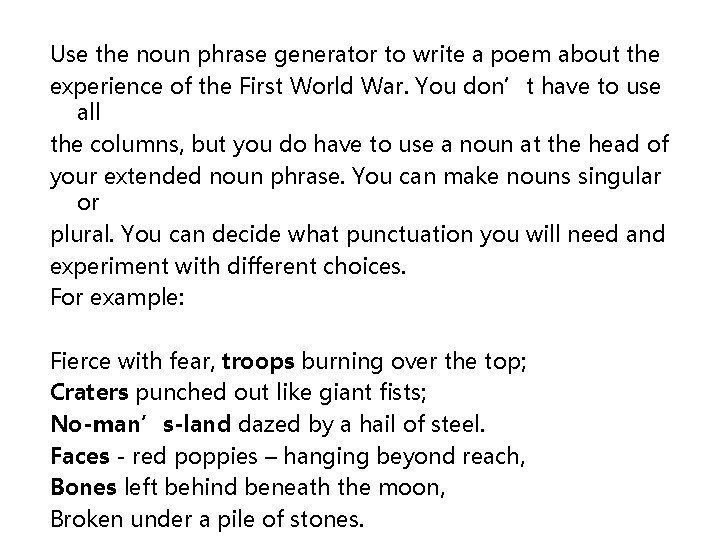 Use the noun phrase generator to write a poem about the experience of the