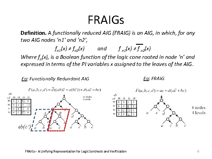 FRAIGs Definition. A functionally reduced AIG (FRAIG) is an AIG, in which, for any FRAIGs Definition. A functionally reduced AIG (FRAIG) is an AIG, in which, for any
