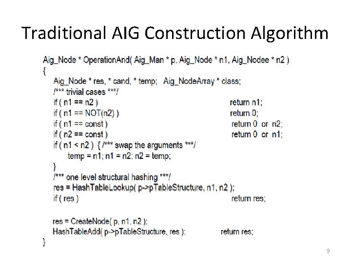 Traditional AIG Construction Algorithm 9 Traditional AIG Construction Algorithm 9