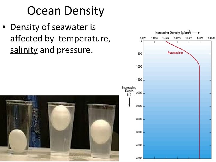 Ocean Density • Density of seawater is affected by temperature, salinity and pressure. 