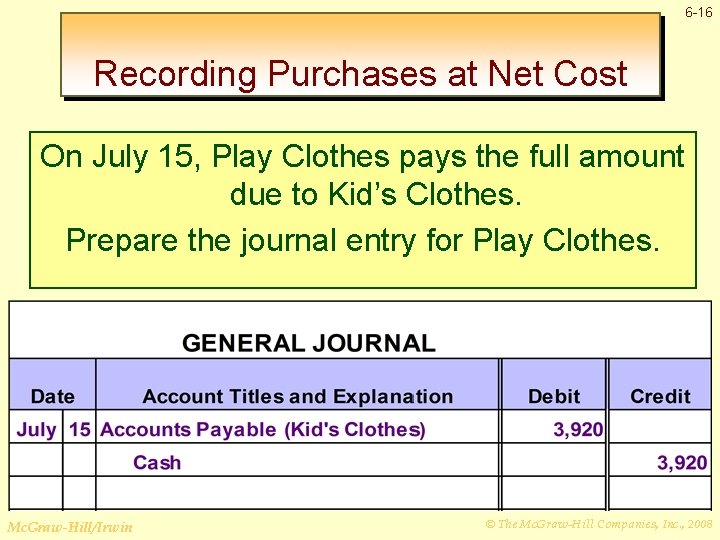 6 -16 Recording Purchases at Net Cost On July 15, Play Clothes pays the