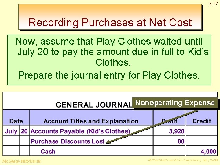 6 -17 Recording Purchases at Net Cost Now, assume that Play Clothes waited until