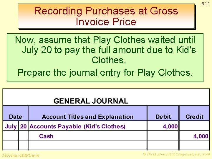 Recording Purchases at Gross Invoice Price 6 -21 Now, assume that Play Clothes waited