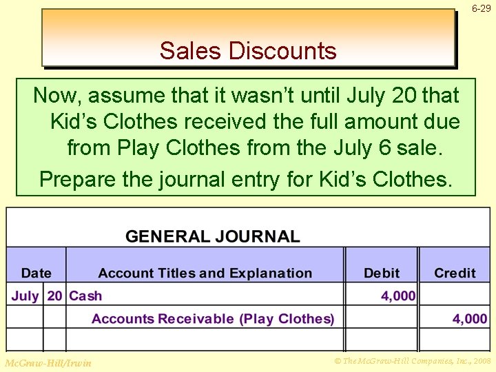 6 -29 Sales Discounts Now, assume that it wasn’t until July 20 that Kid’s