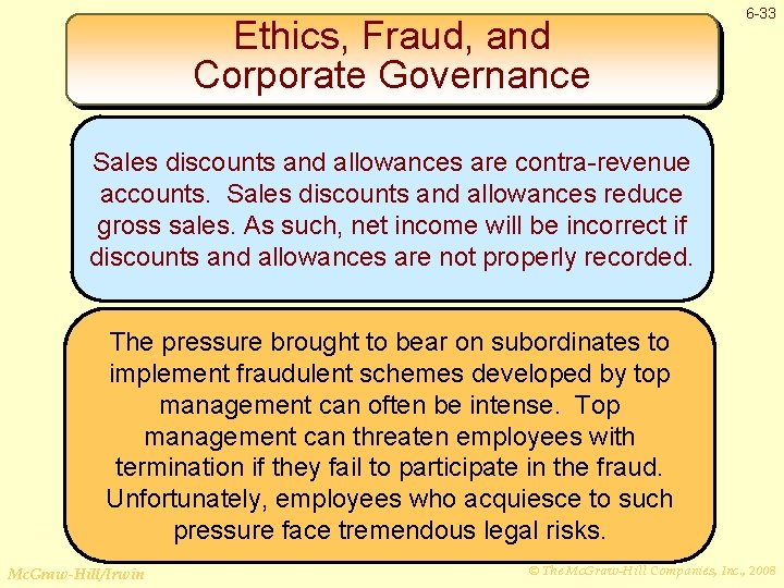 Ethics, Fraud, and Corporate Governance 6 -33 Sales discounts and allowances are contra-revenue accounts.