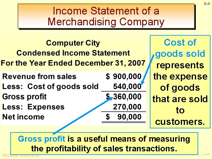 Income Statement of a Merchandising Company 6 -4 Cost of goods sold represents the