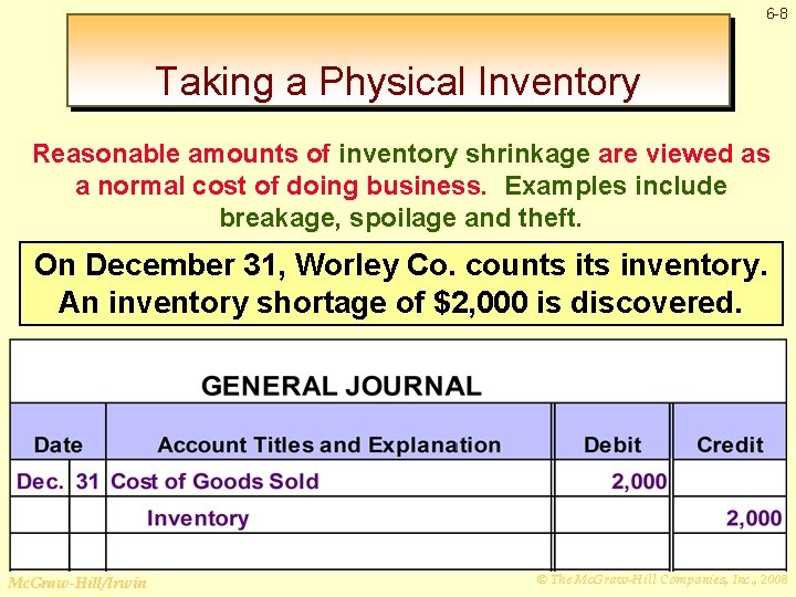 6 -8 Taking a Physical Inventory Reasonable amounts of inventory shrinkage are viewed as