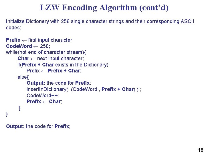 LZW Encoding Algorithm (cont’d) Initialize Dictionary with 256 single character strings and their corresponding