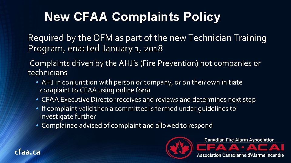 New CFAA Complaints Policy Required by the OFM as part of the new Technician