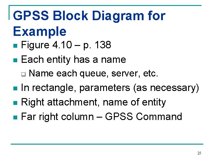 GPSS Block Diagram for Example Figure 4. 10 – p. 138 n Each entity