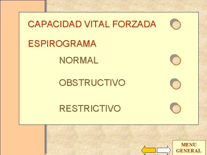 CAPACIDAD VITAL FORZADA ESPIROGRAMA NORMAL OBSTRUCTIVO RESTRICTIVO MENU GENERAL 