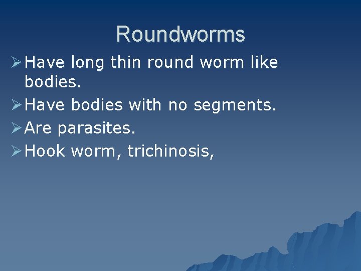 Roundworms Ø Have long thin round worm like bodies. Ø Have bodies with no