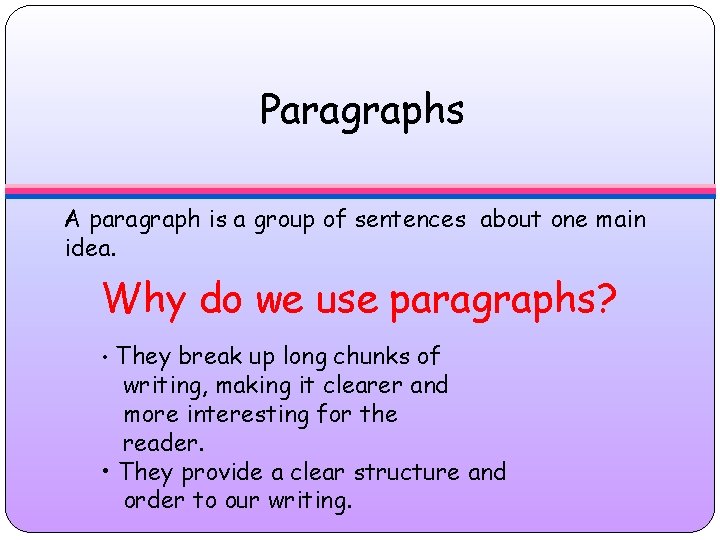 Paragraphs A paragraph is a group of sentences about one main idea. Why do