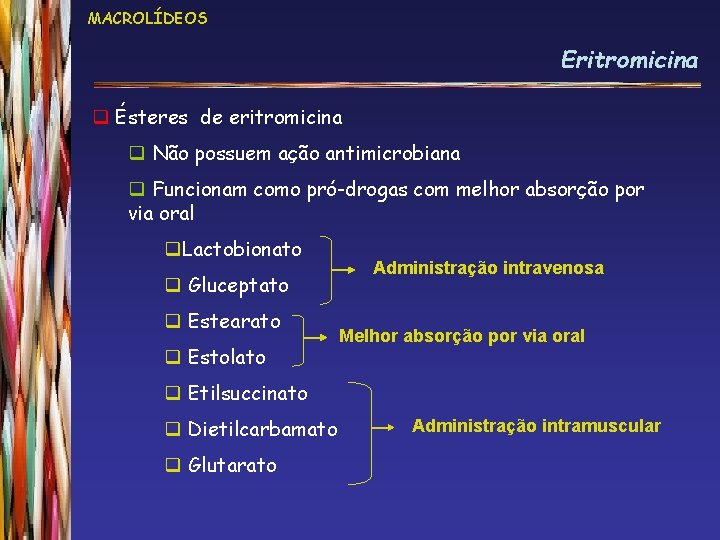 MACROLÍDEOS Eritromicina q Ésteres de eritromicina q Não possuem ação antimicrobiana q Funcionam como