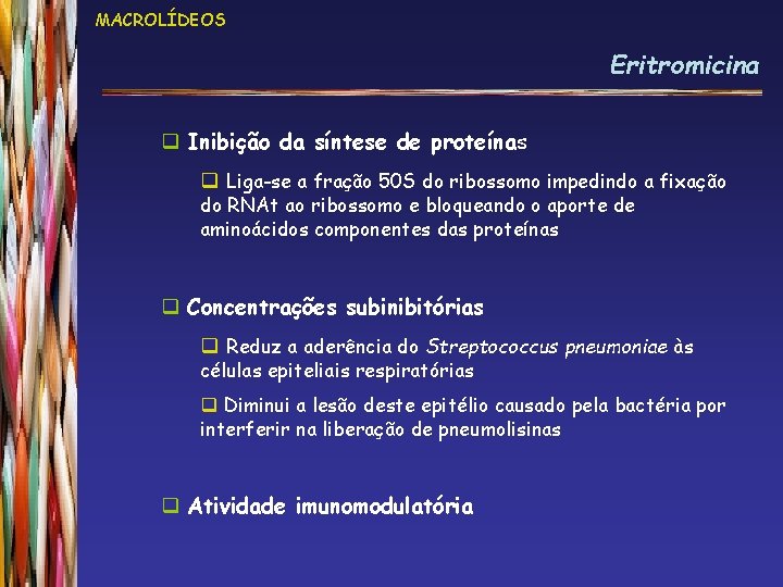 MACROLÍDEOS Eritromicina q Inibição da síntese de proteínas q Liga-se a fração 50 S